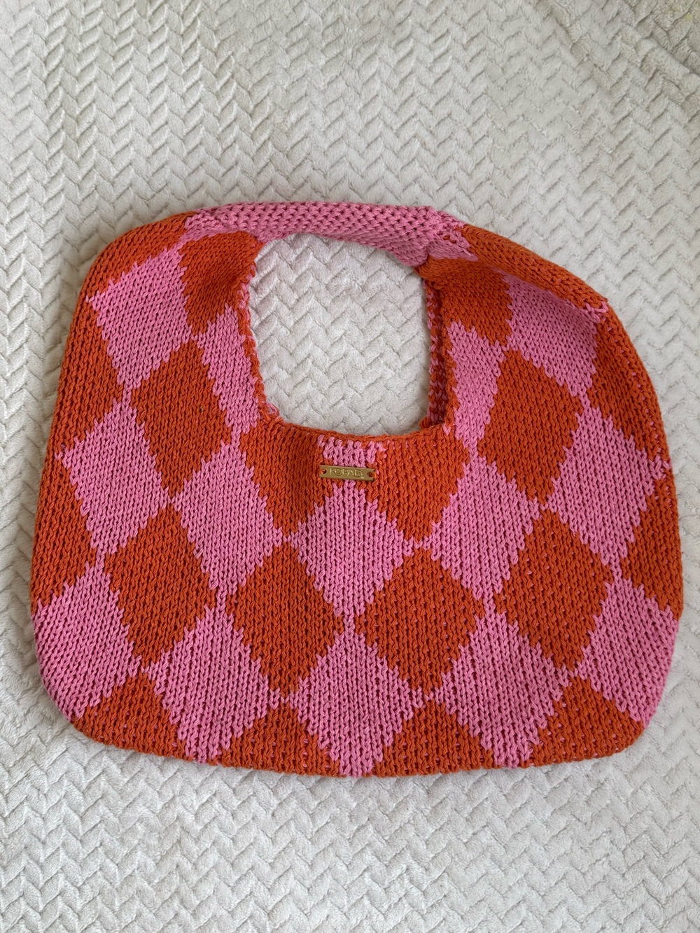 Kopari Handknit Pink and Orange Diamond-Pattern Tote Bag